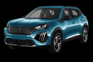Schräge Frontansicht auf einen Peugeot 2008 Style, freigestellt