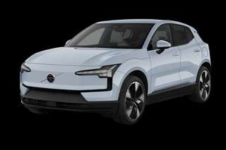 Schräge Frontansicht auf einen Volvo EX30 Essential, freigestellt