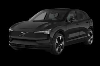 Schräge Frontansicht auf einen Volvo EX30 Black Edition Ultra, freigestellt
