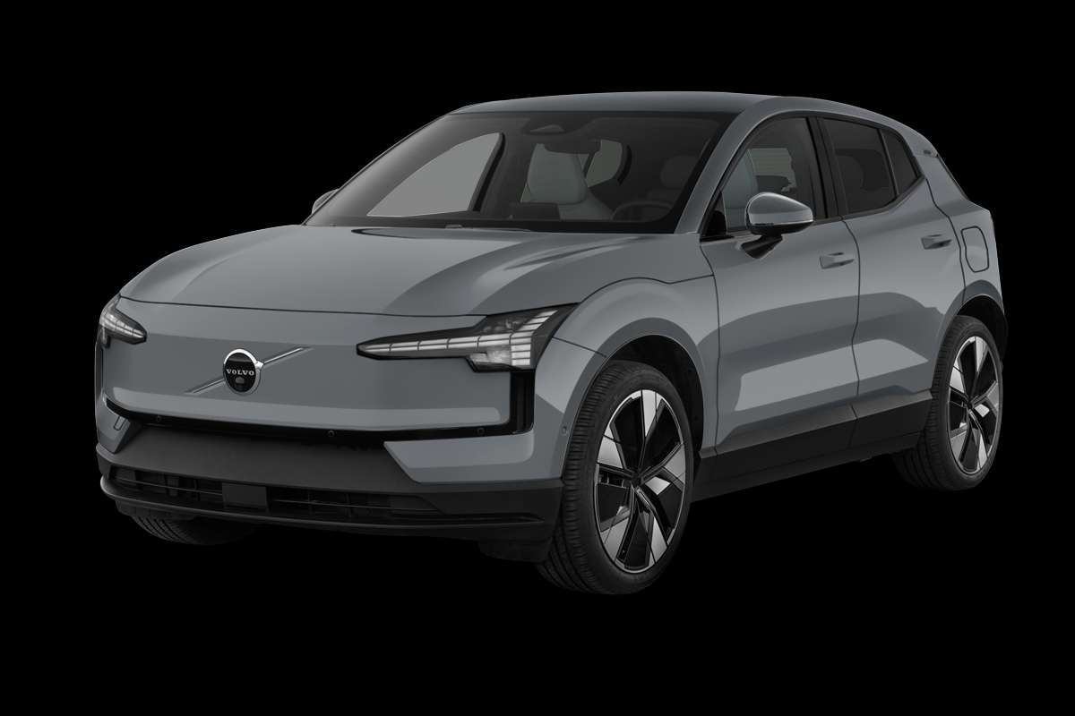 Schräge Frontansicht eines Volvo EX30, freigestellt