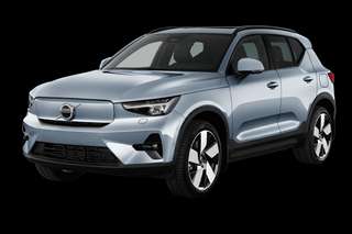 Schräge Frontansicht auf einen Volvo EX40 Plus, freigestellt