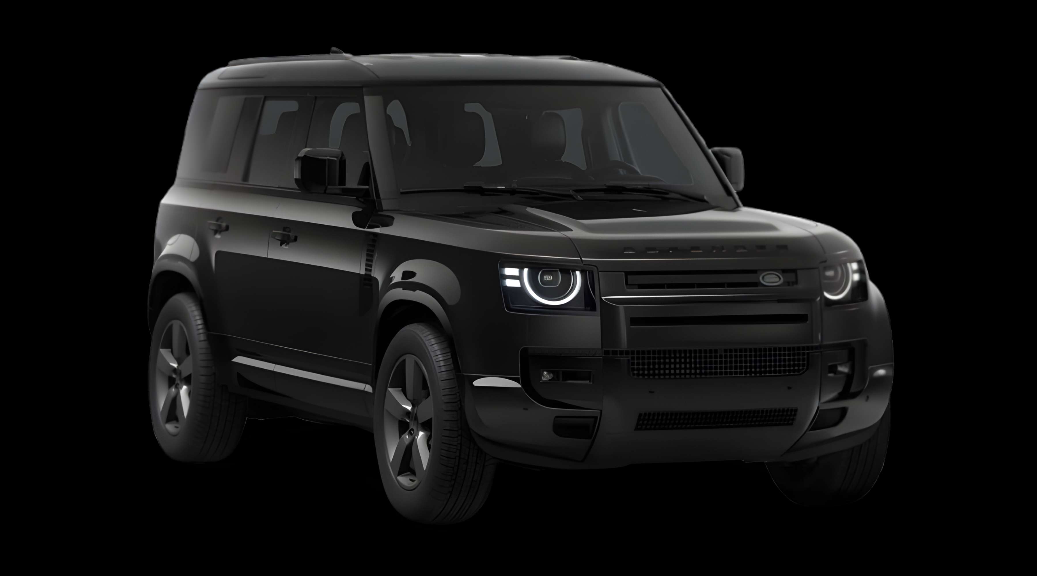 Schräge Frontansicht eines Land Rover Defender, freigestellt