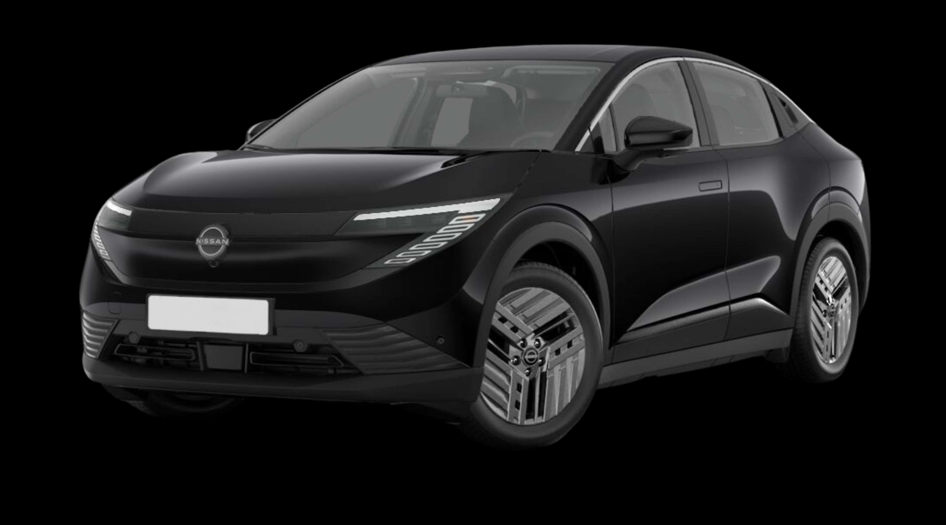 Schräge Frontansicht eines Nissan Leaf, freigestellt