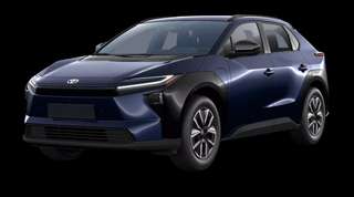 Schräge Frontansicht auf einen Toyota bZ4X Touring Lounge, freigestellt