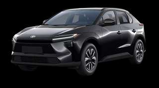 Schräge Frontansicht auf einen Toyota bZ4X Touring Lounge, freigestellt