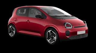 Schräge Frontansicht auf einen Renault Twingo E-Tech Techno, freigestellt
