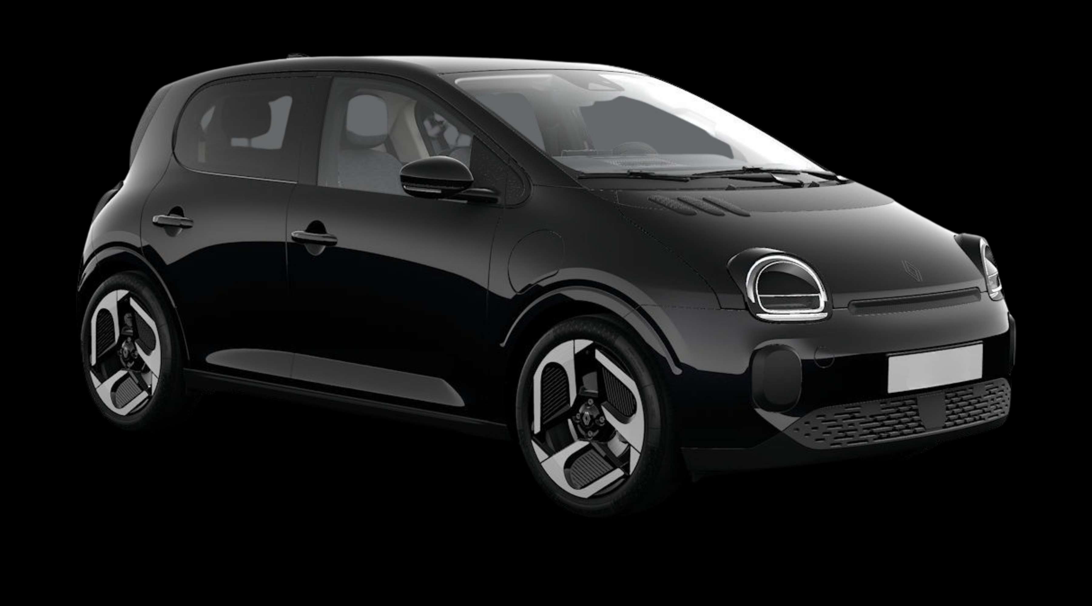 Schräge Frontansicht eines Renault Twingo E-Tech, freigestellt