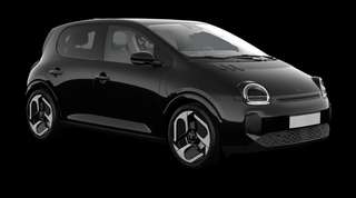 Schräge Frontansicht auf einen Renault Twingo E-Tech Techno, freigestellt