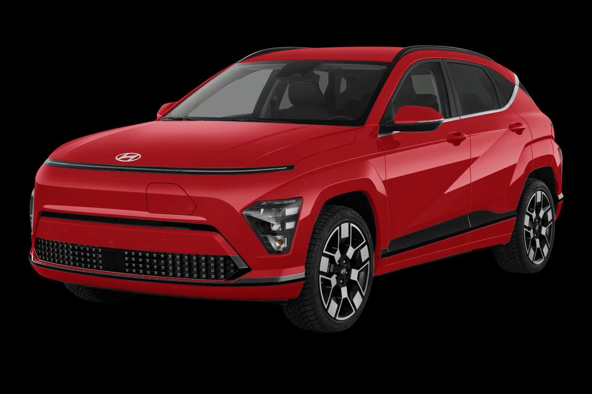 Schräge Frontansicht eines Hyundai Kona Elektro, freigestellt