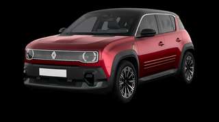 Schräge Frontansicht auf einen Renault 4 E-TECH Iconic "plein sud", freigestellt