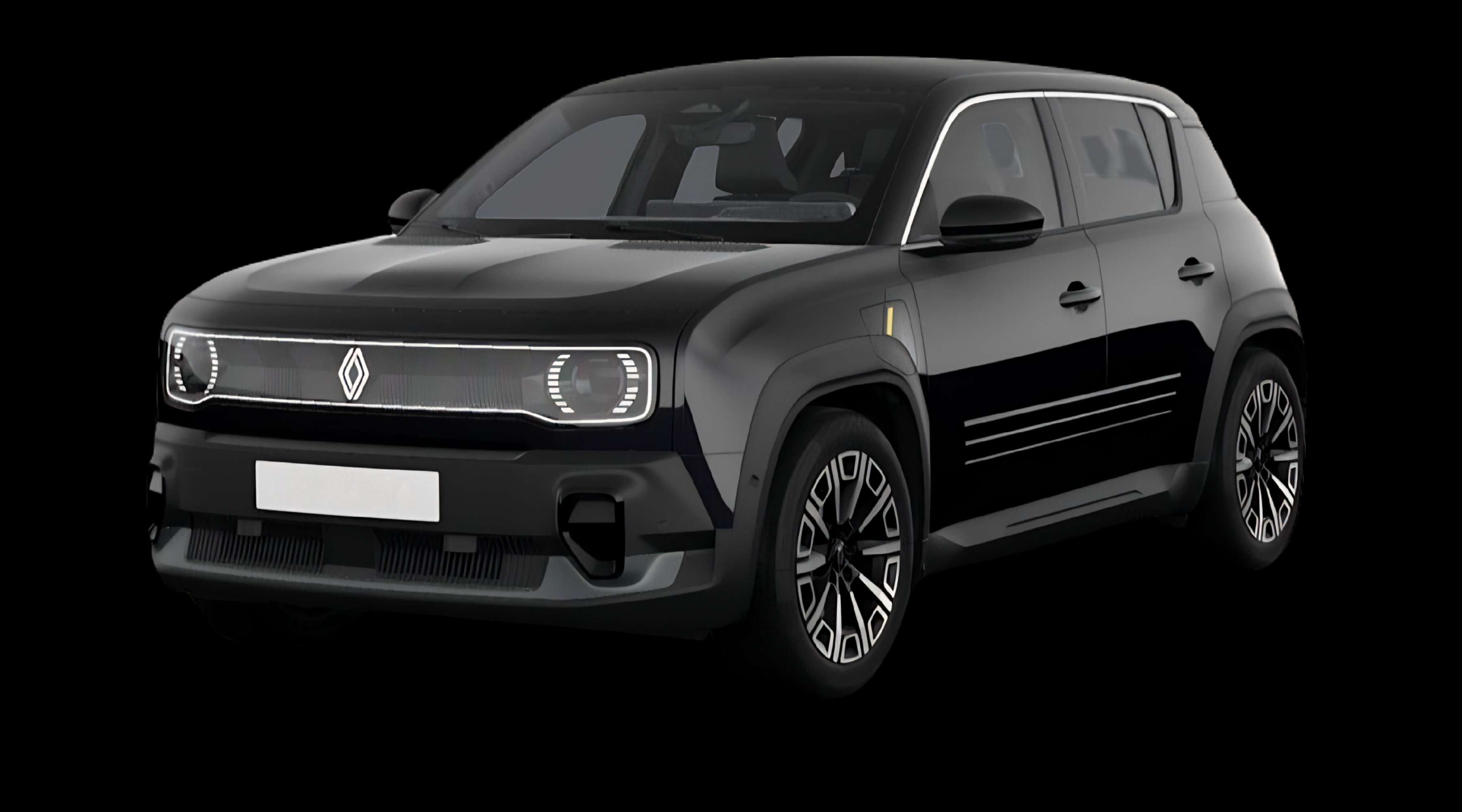 Schräge Frontansicht eines Renault 4 E-TECH, freigestellt