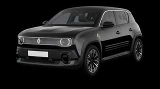 Schräge Frontansicht auf einen Renault 4 E-TECH Iconic "plein sud", freigestellt