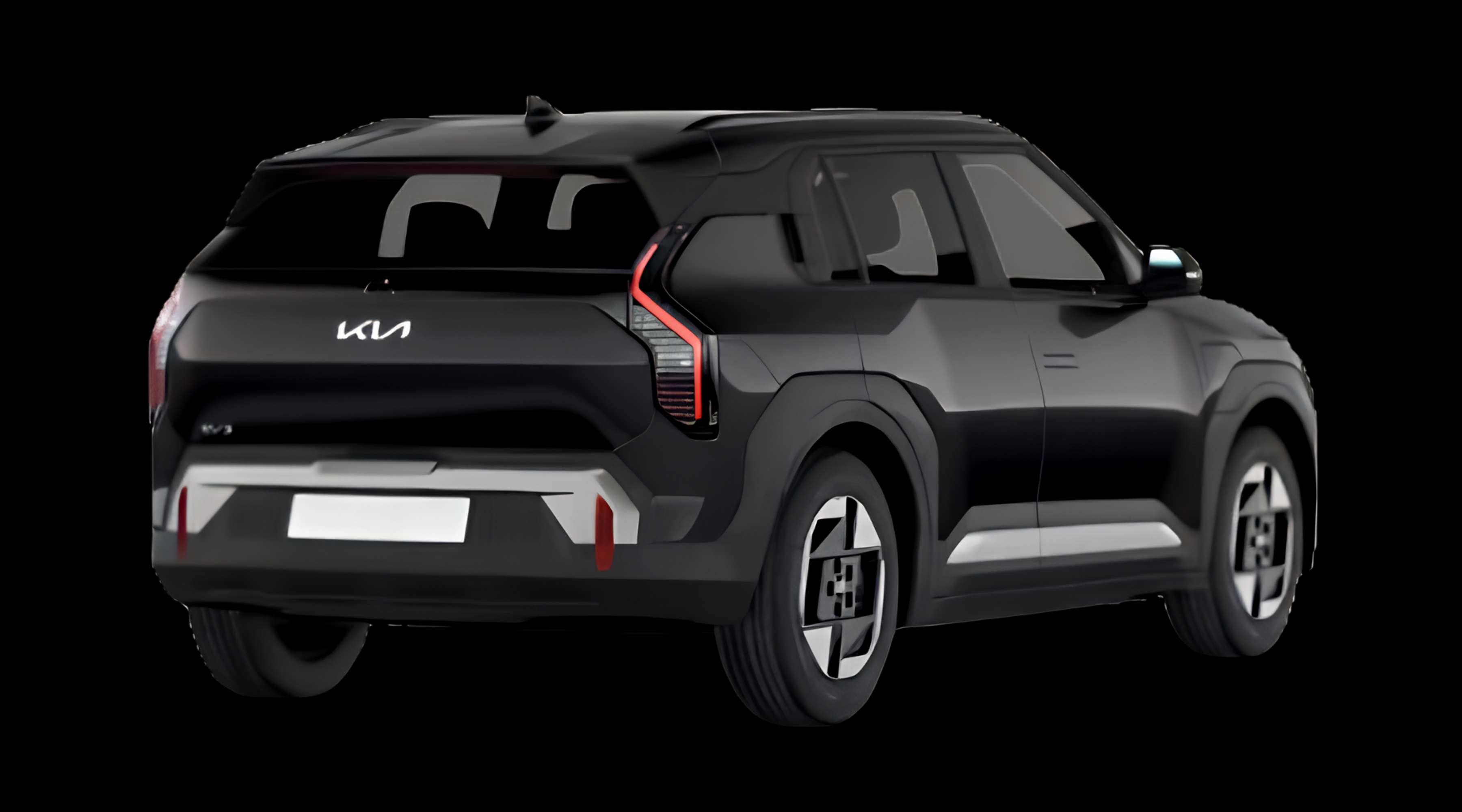 Schräge Heckansicht eines Kia EV3, freigestellt