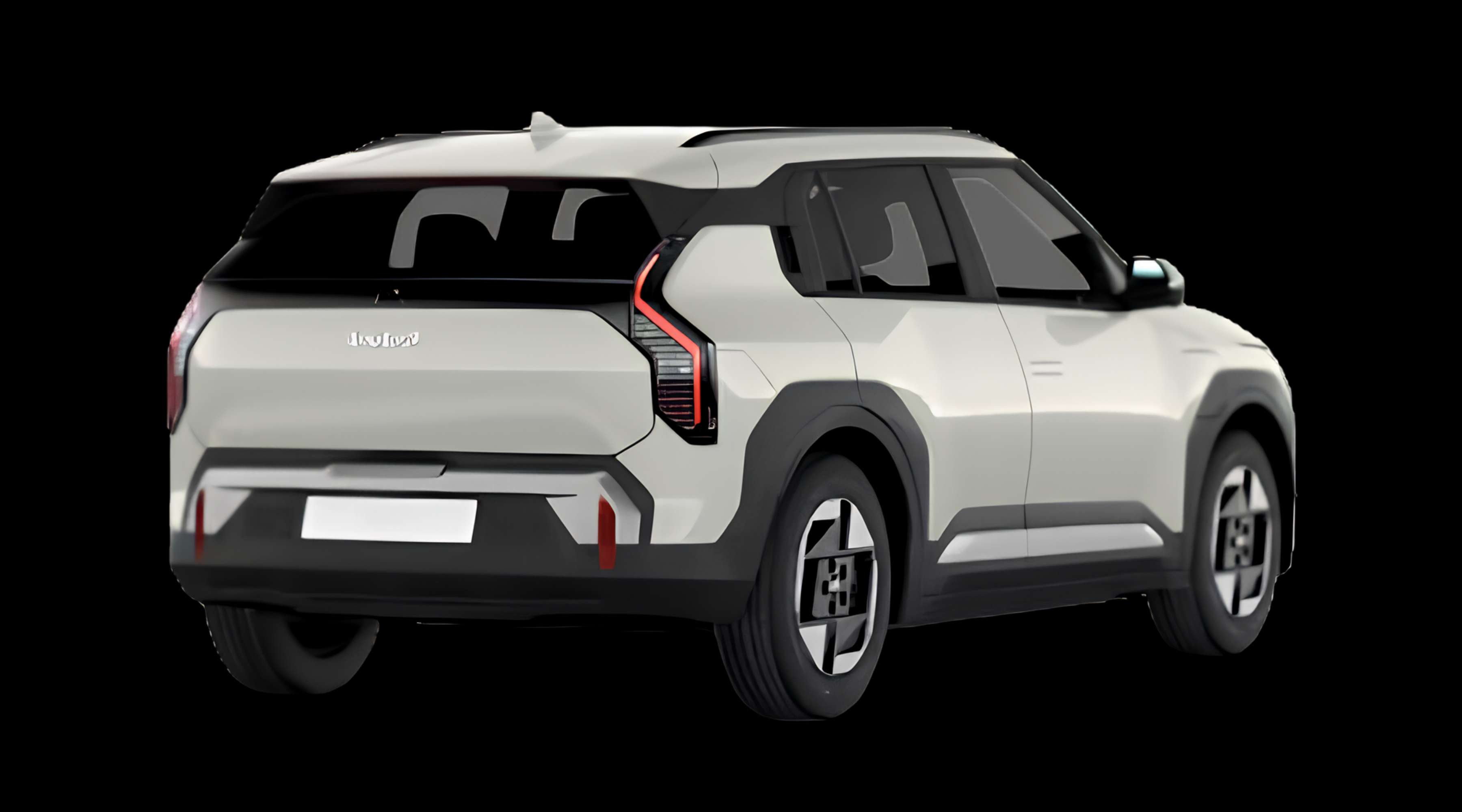 Schräge Heckansicht eines Kia EV3, freigestellt