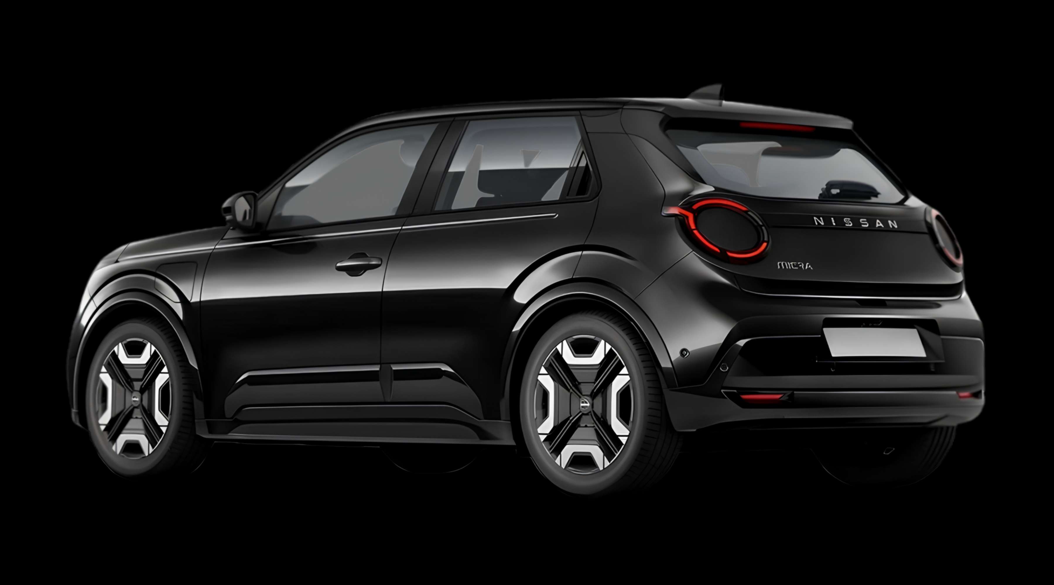 Schräge Heckansicht eines Nissan Micra, freigestellt