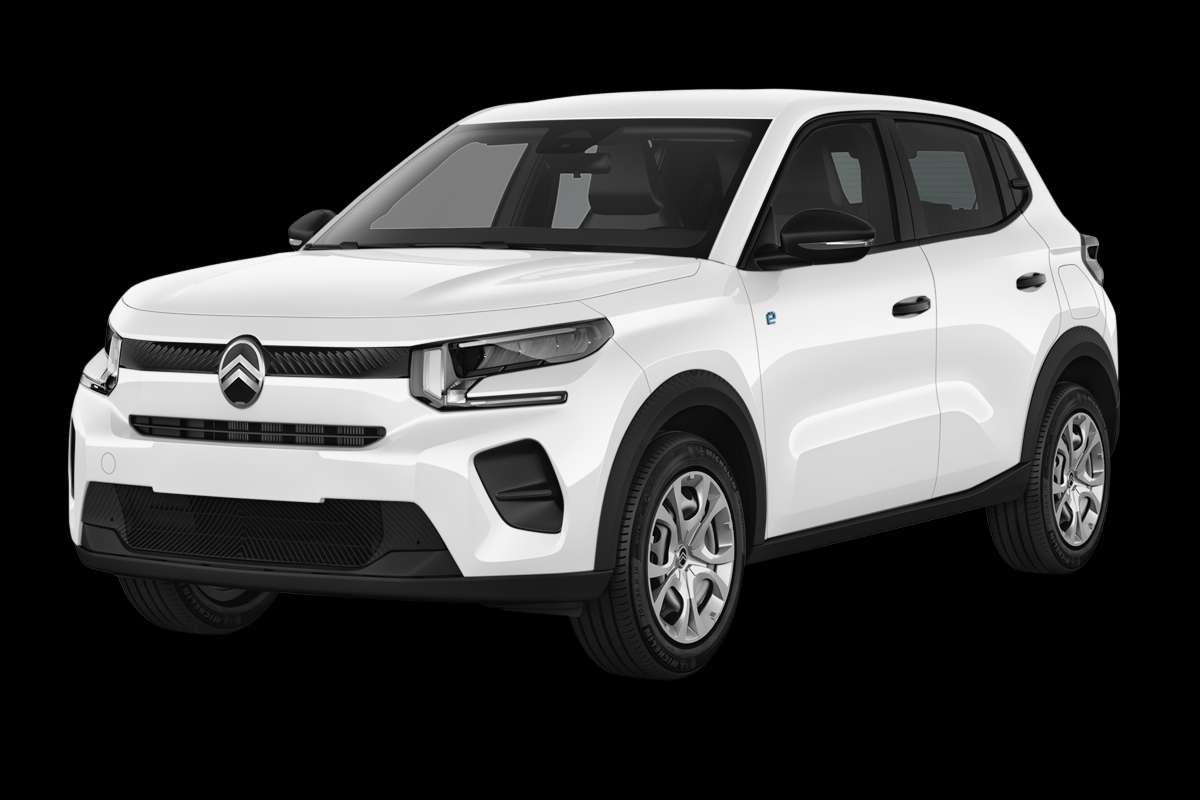 Schräge Frontansicht eines Citroën ë-C3, freigestellt