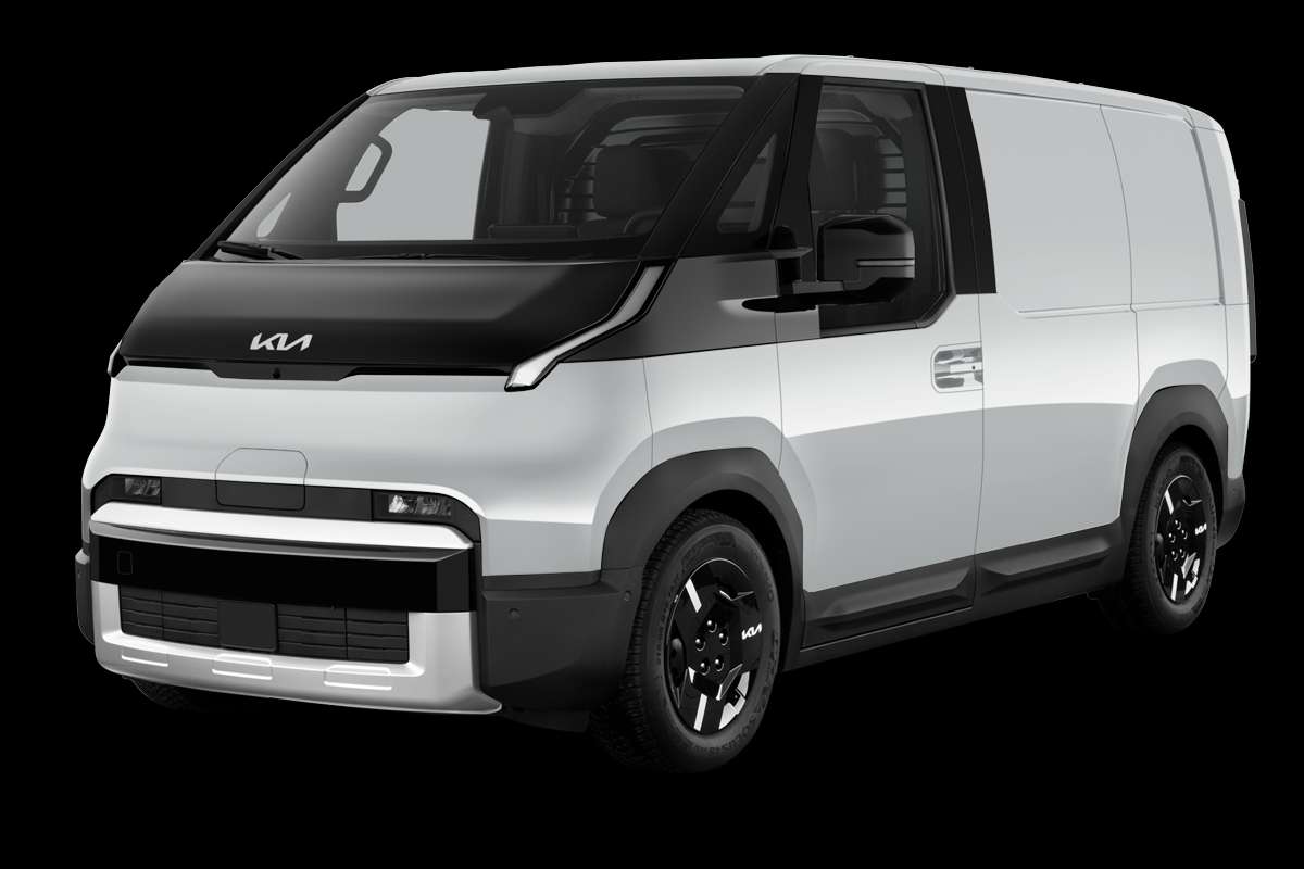 Schräge Frontansicht eines Kia PV5 Cargo, freigestellt