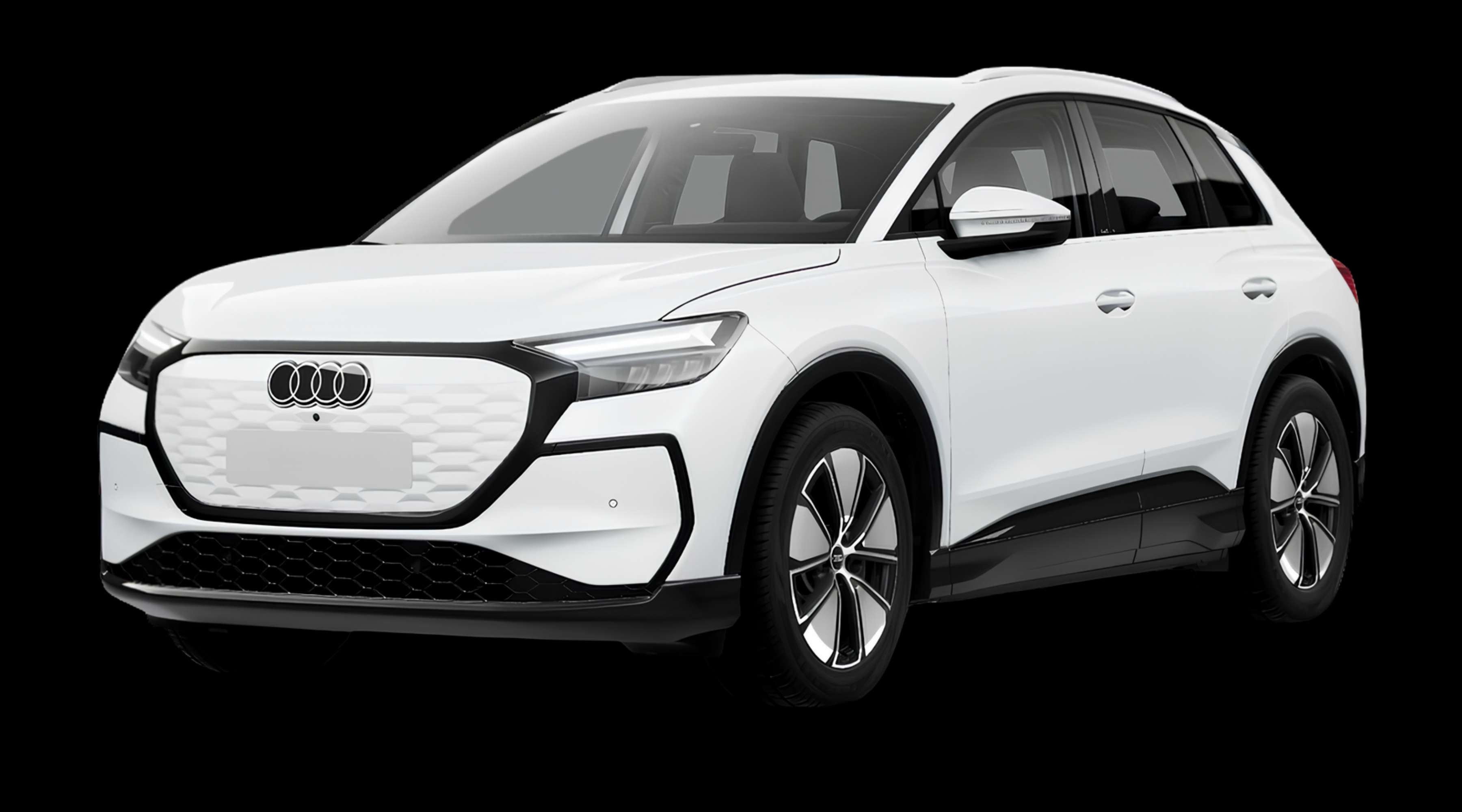 Schräge Frontansicht eines Audi Q4 e-tron, freigestellt