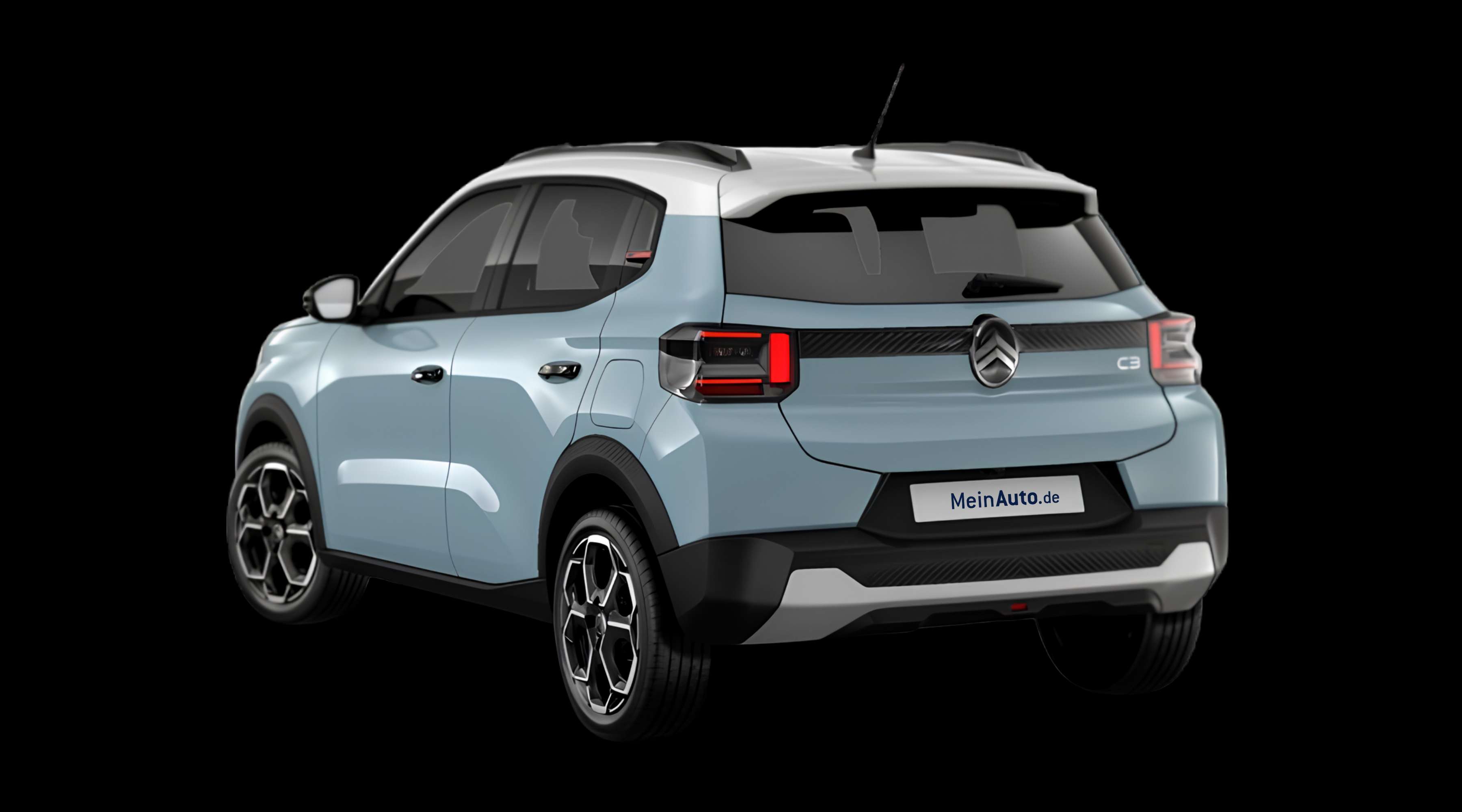 Schräge Heckansicht eines Citroën C3, freigestellt