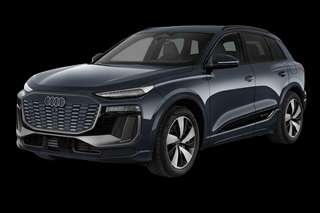 Schräge Frontansicht auf einen Audi Q6 e-tron S line Business, freigestellt