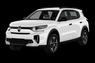 Schräge Frontansicht auf einen Citroën ë-C3 Aircross MAX, freigestellt