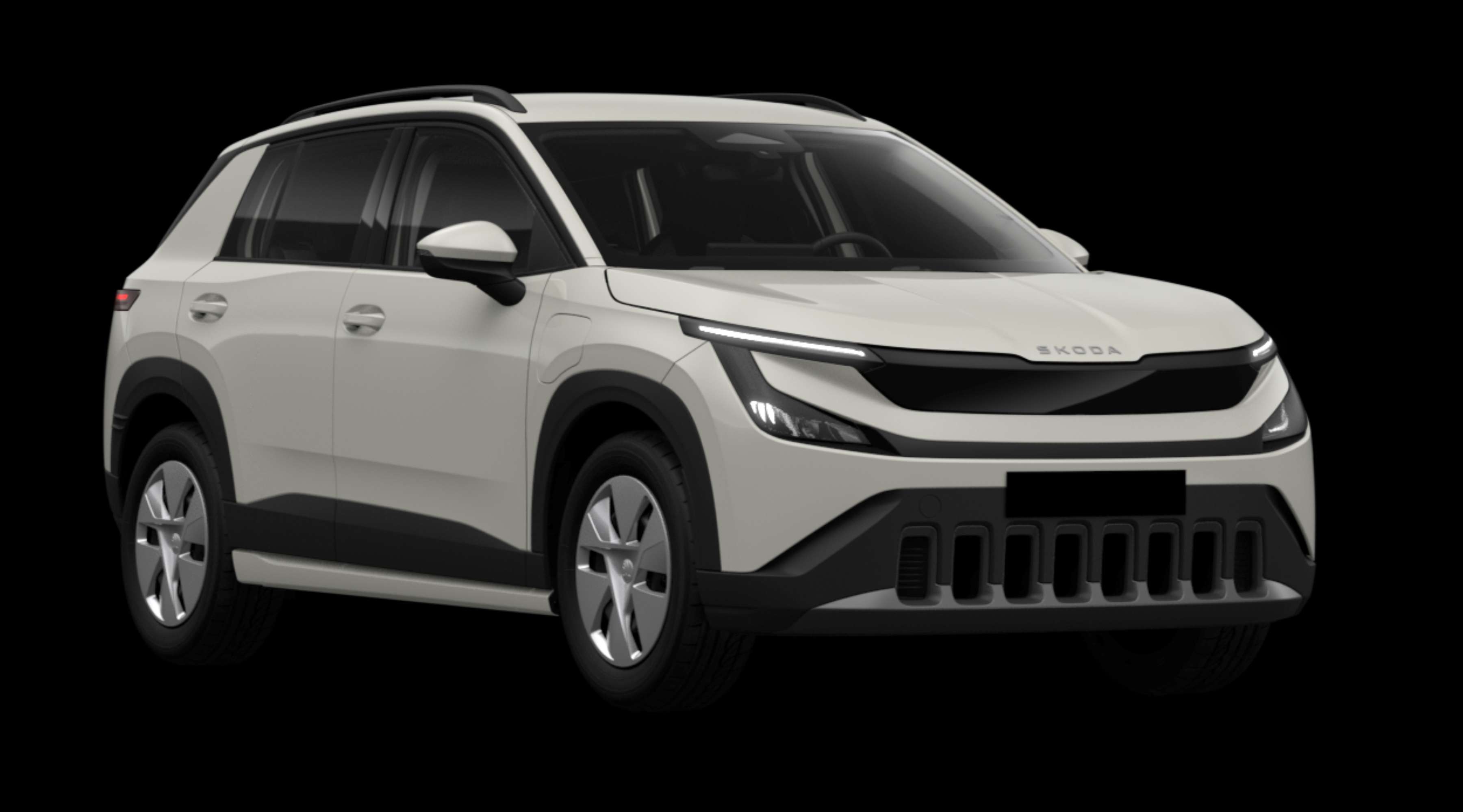 Schräge Frontansicht eines Skoda Epiq, freigestellt