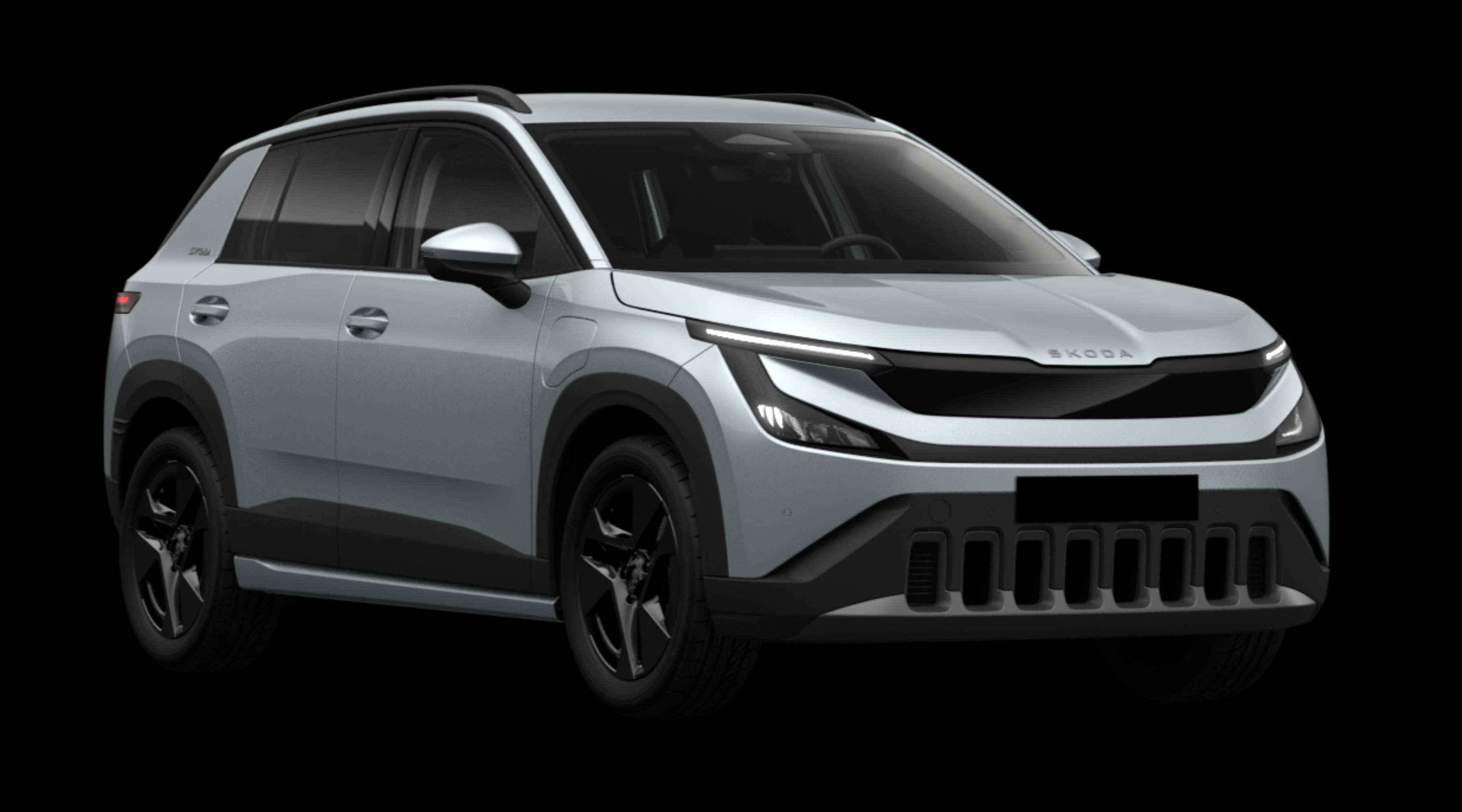 Schräge Frontansicht eines Skoda Epiq, freigestellt
