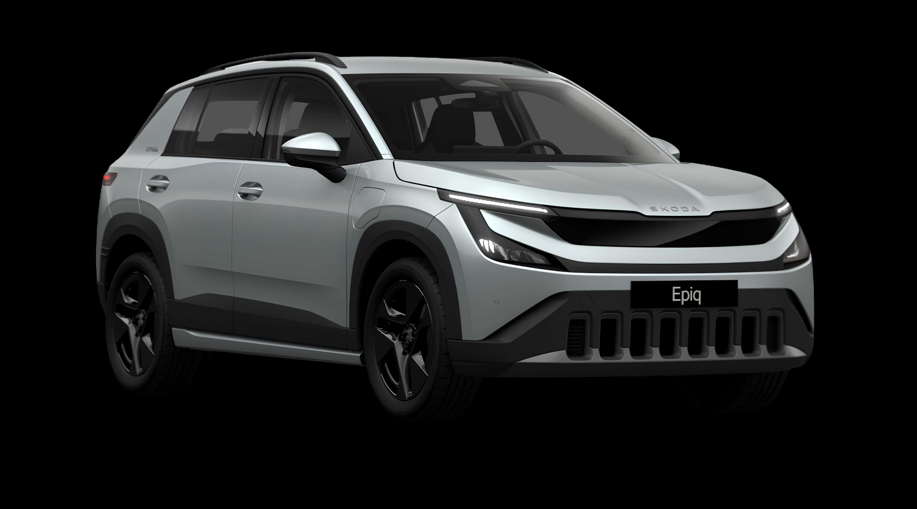 Schräge Frontansicht eines Skoda Epiq, freigestellt