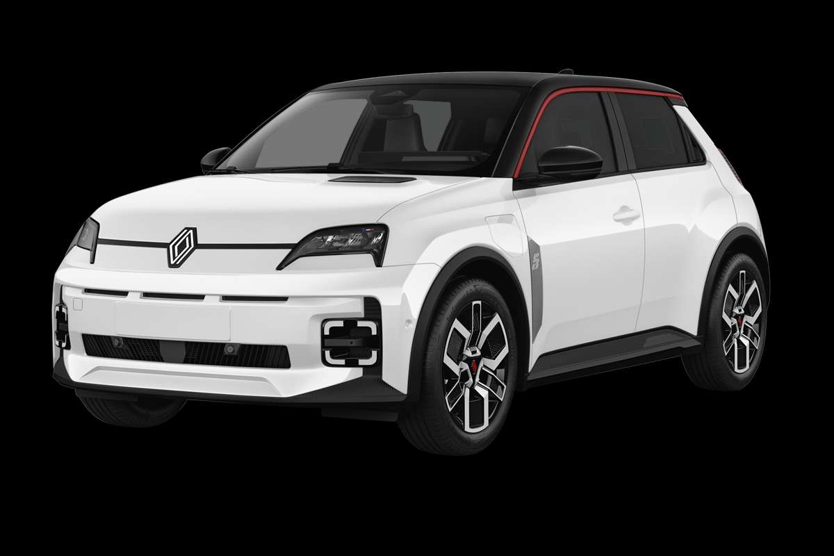 Schräge Frontansicht eines Renault 5 E-TECH, freigestellt