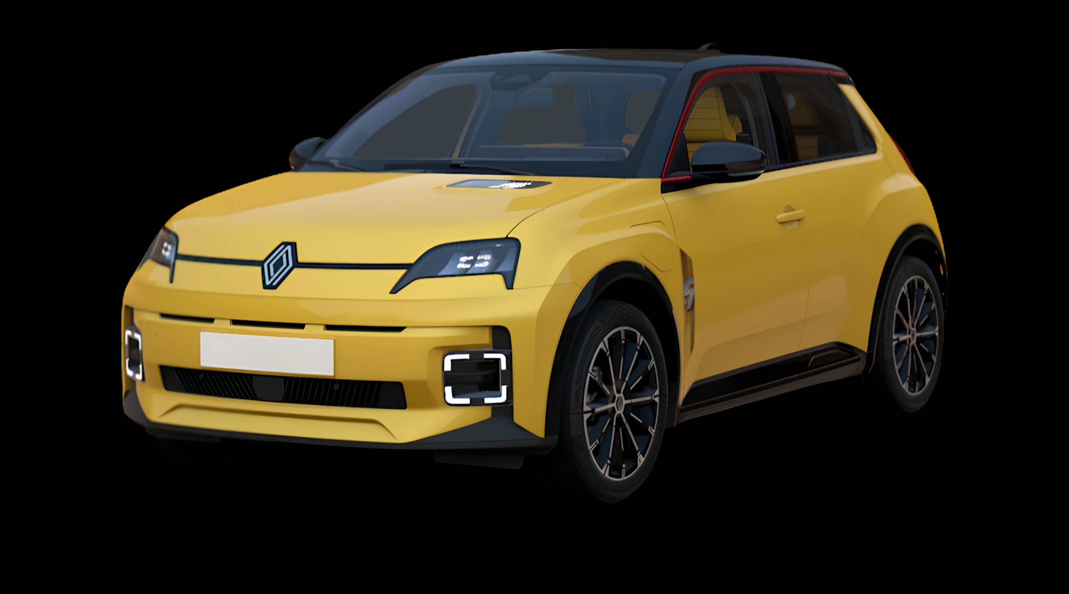 Schräge Frontansicht eines Renault 5 E-TECH, freigestellt