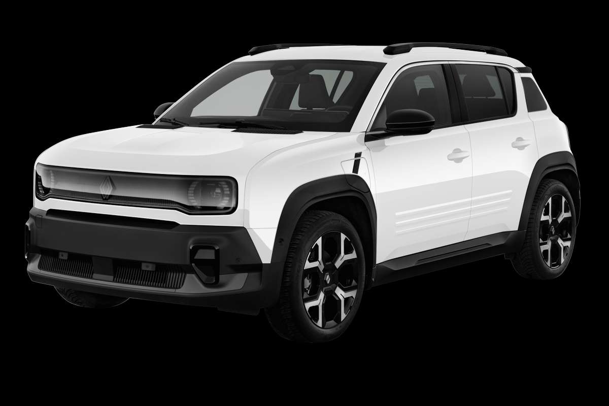 Schräge Frontansicht eines Renault 4 E-TECH, freigestellt
