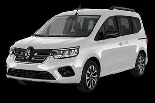 Schräge Frontansicht auf einen Renault Kangoo E-TECH Equilibre, freigestellt