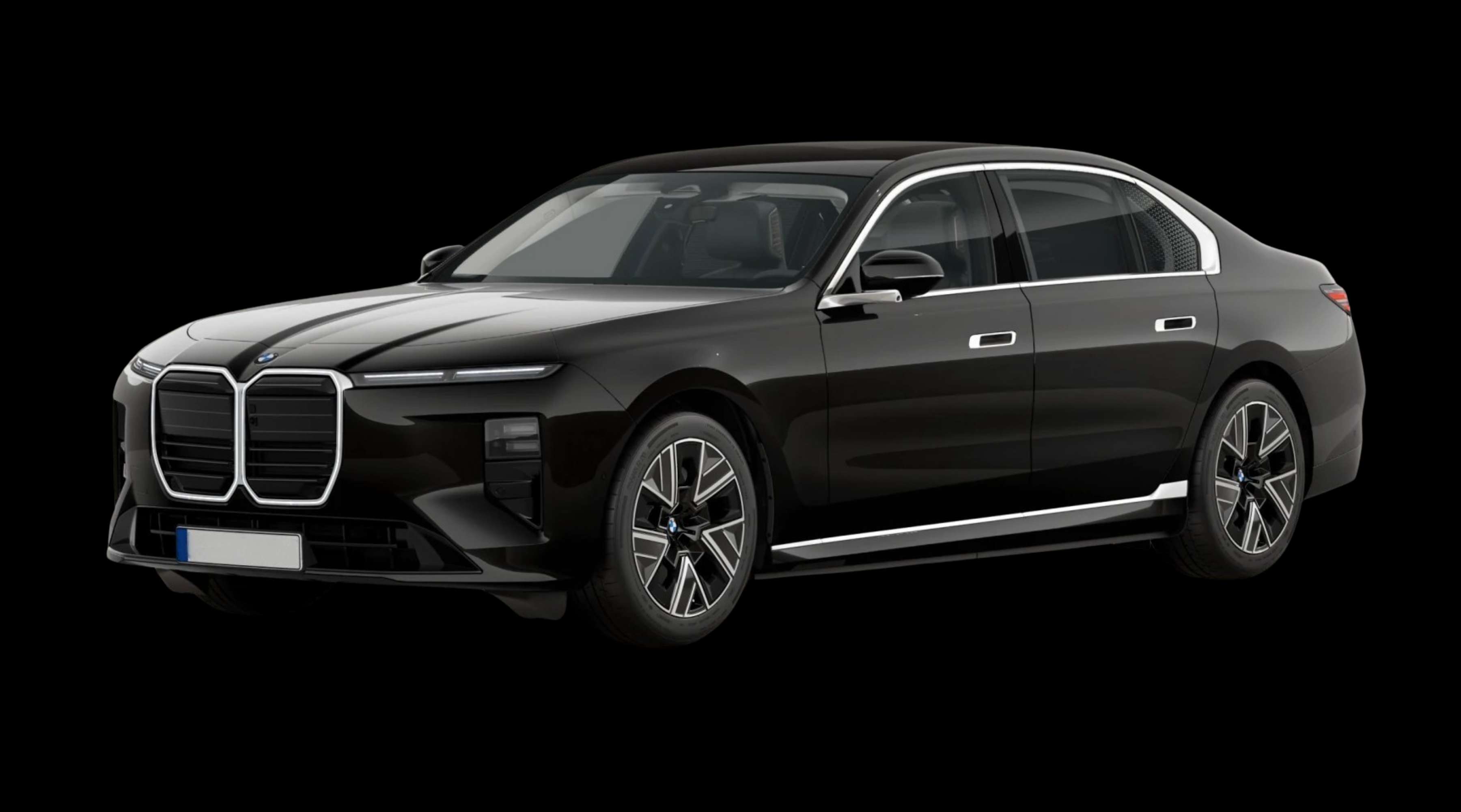 Schräge Frontansicht eines BMW i7, freigestellt