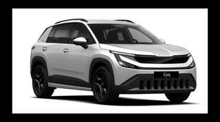 Schräge Frontansicht auf einen Skoda Epiq Selection, freigestellt