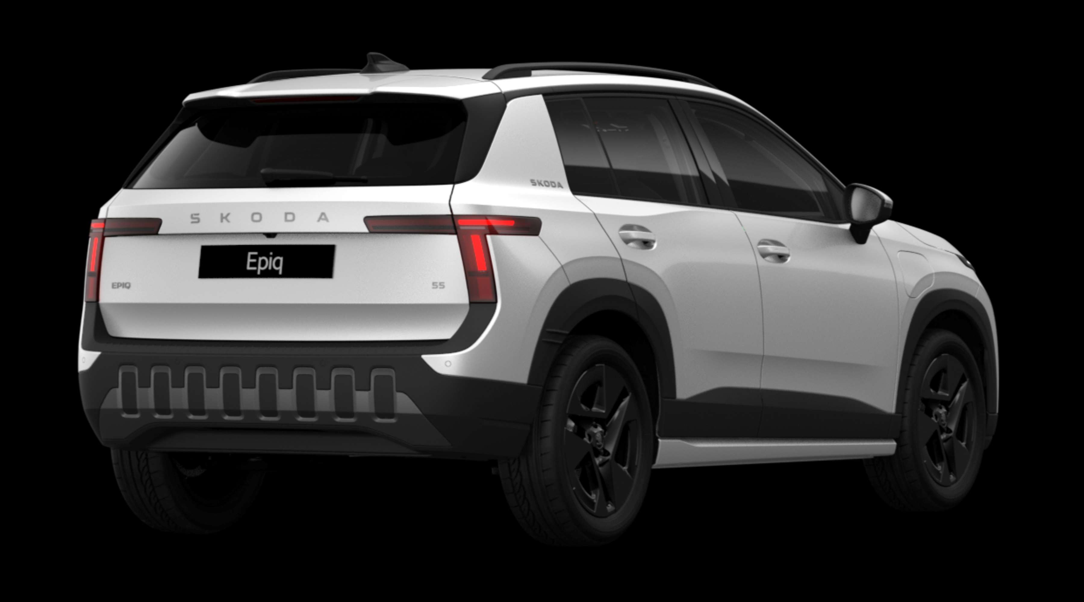 Schräge Heckansicht eines Skoda Epiq, freigestellt