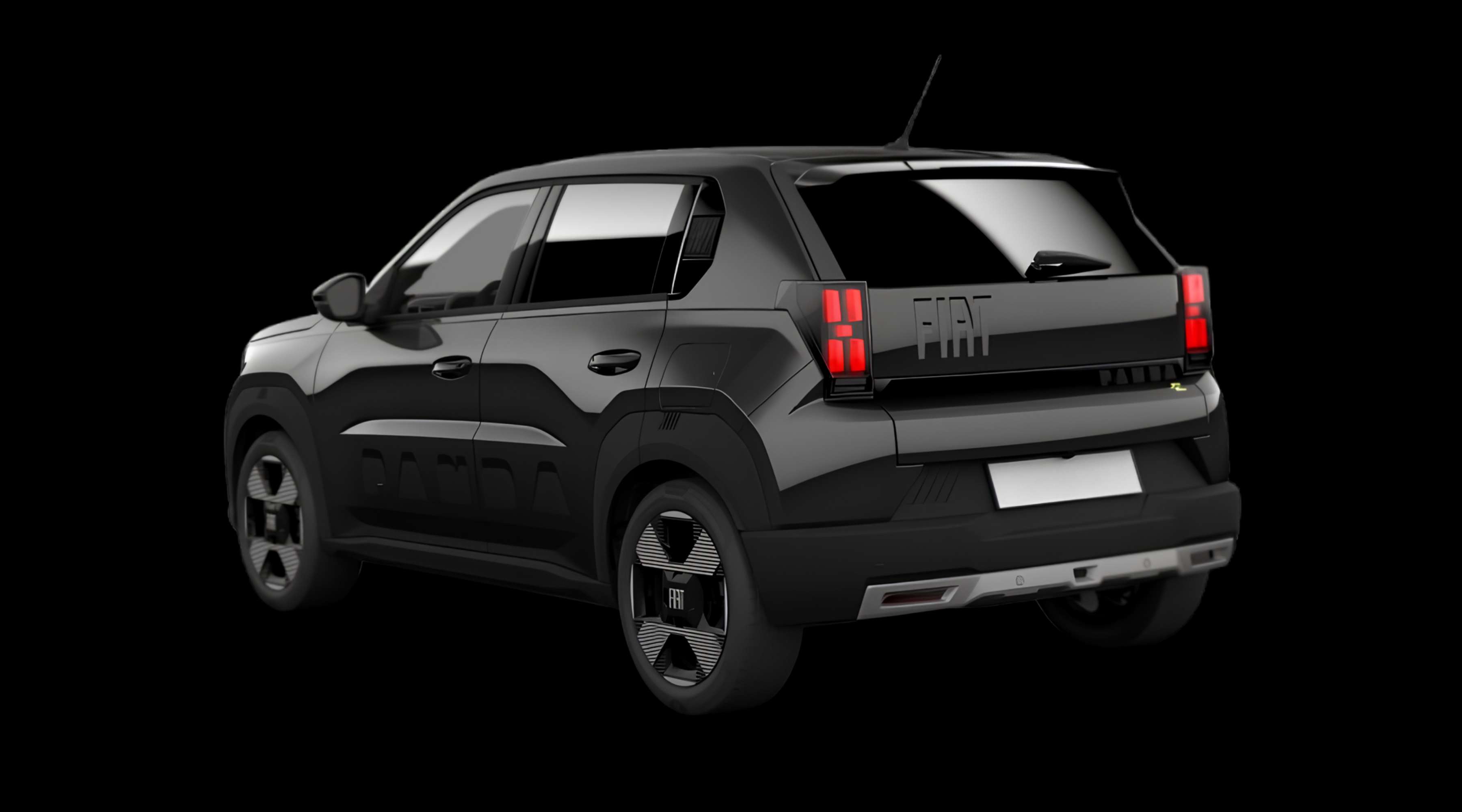 Schräge Heckansicht eines Fiat Grande Panda, freigestellt