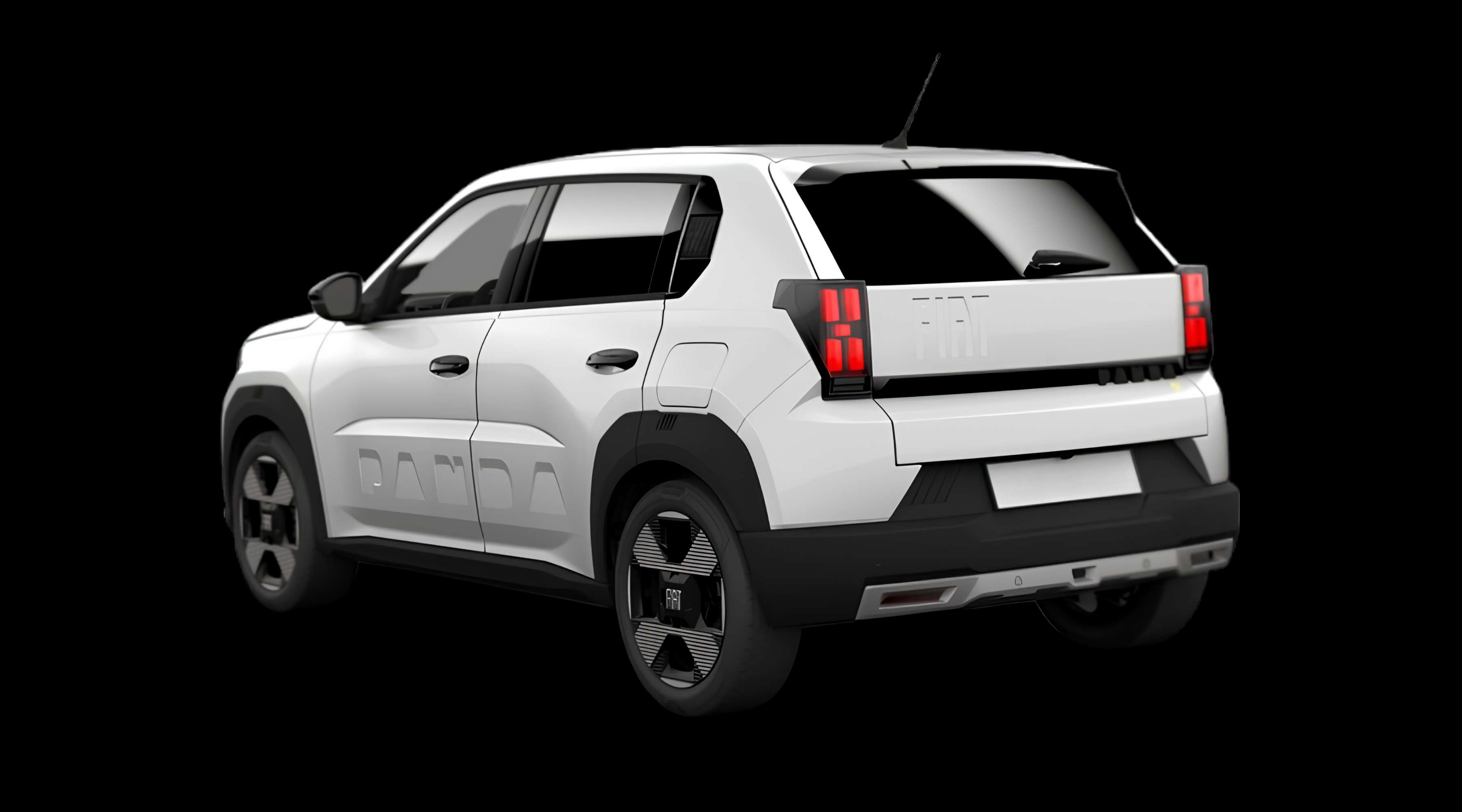Schräge Heckansicht eines Fiat Grande Panda, freigestellt