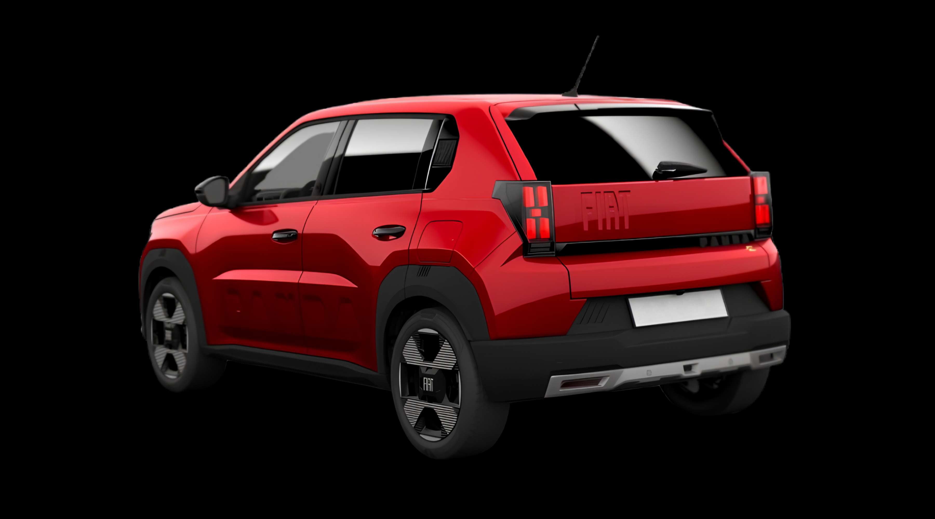Schräge Heckansicht eines Fiat Grande Panda, freigestellt