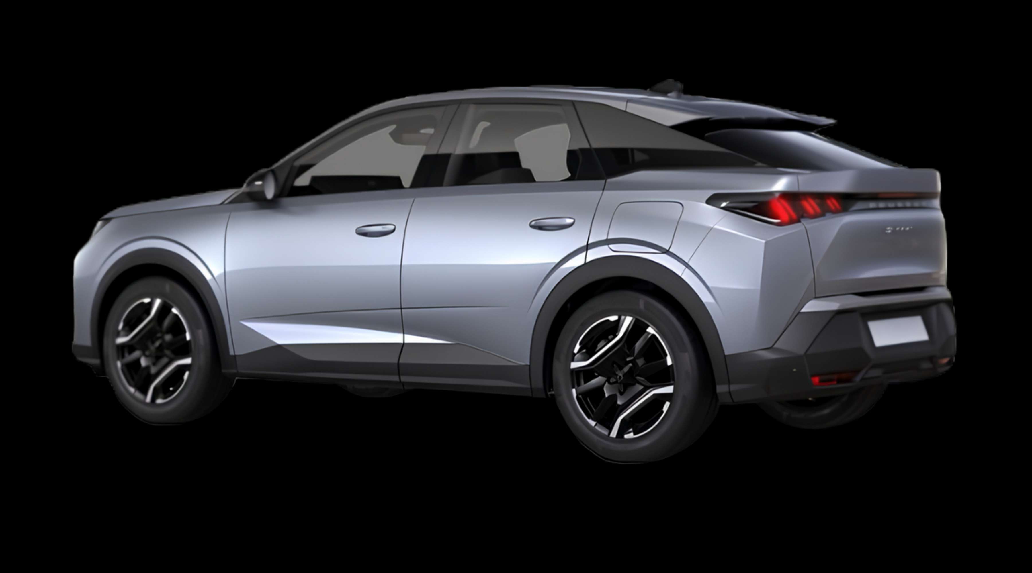 Schräge Heckansicht eines Peugeot e-3008, freigestellt