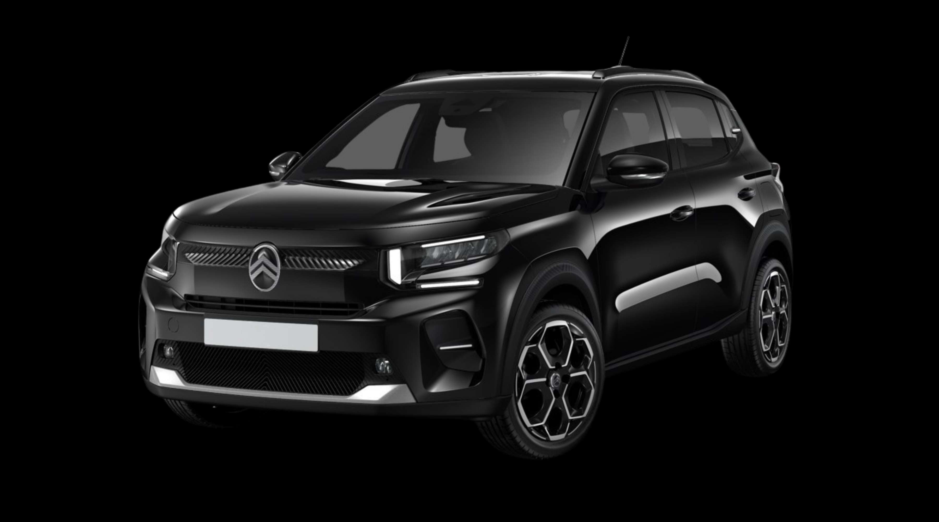 Schräge Frontansicht eines Citroën ë-C3, freigestellt