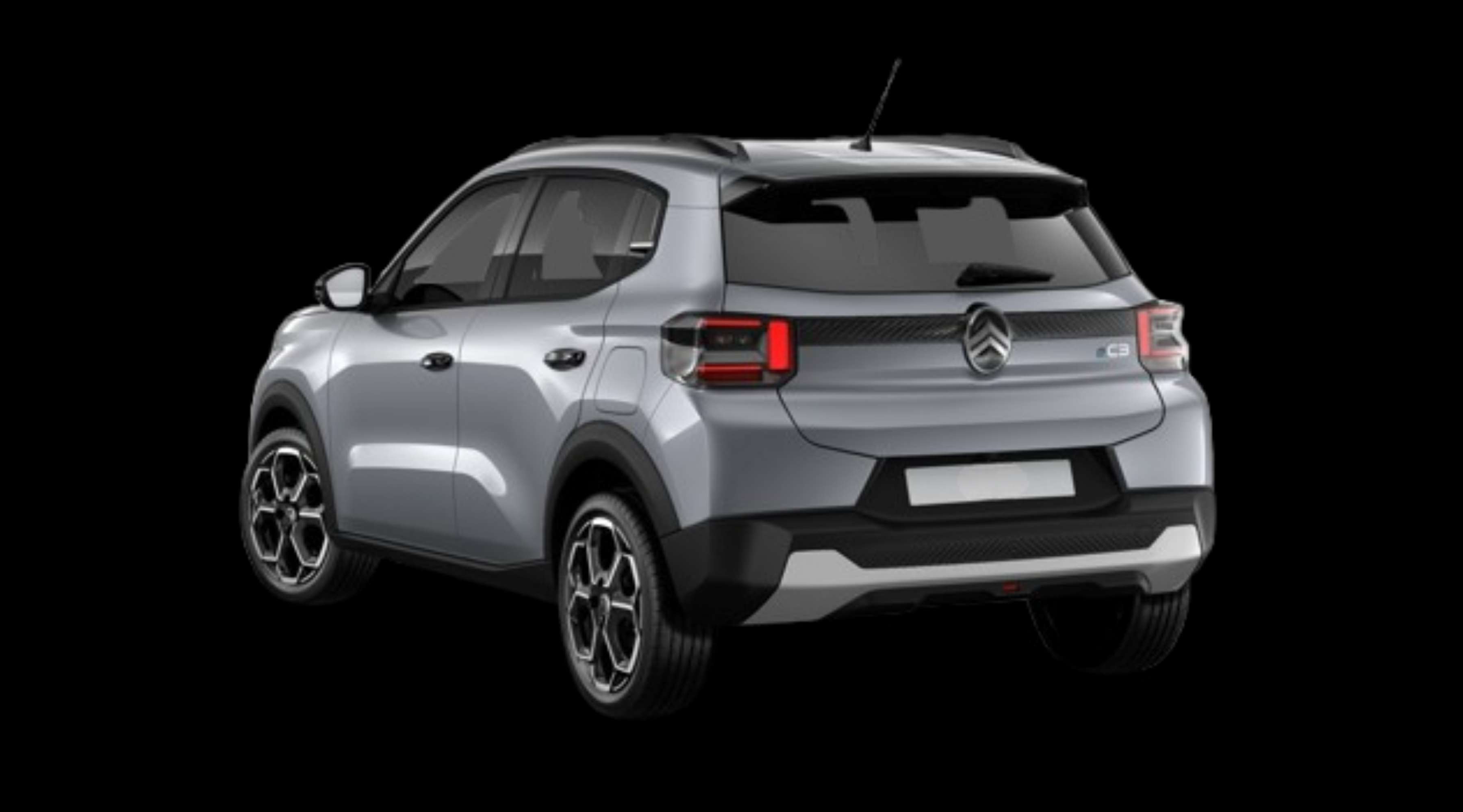 Schräge Heckansicht eines Citroën ë-C3, freigestellt