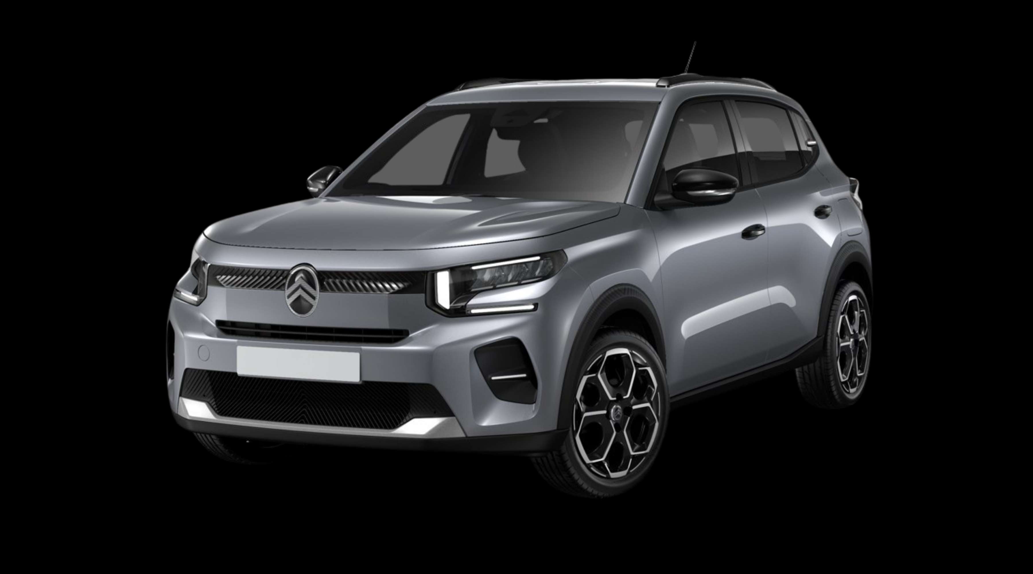 Schräge Frontansicht eines Citroën ë-C3, freigestellt