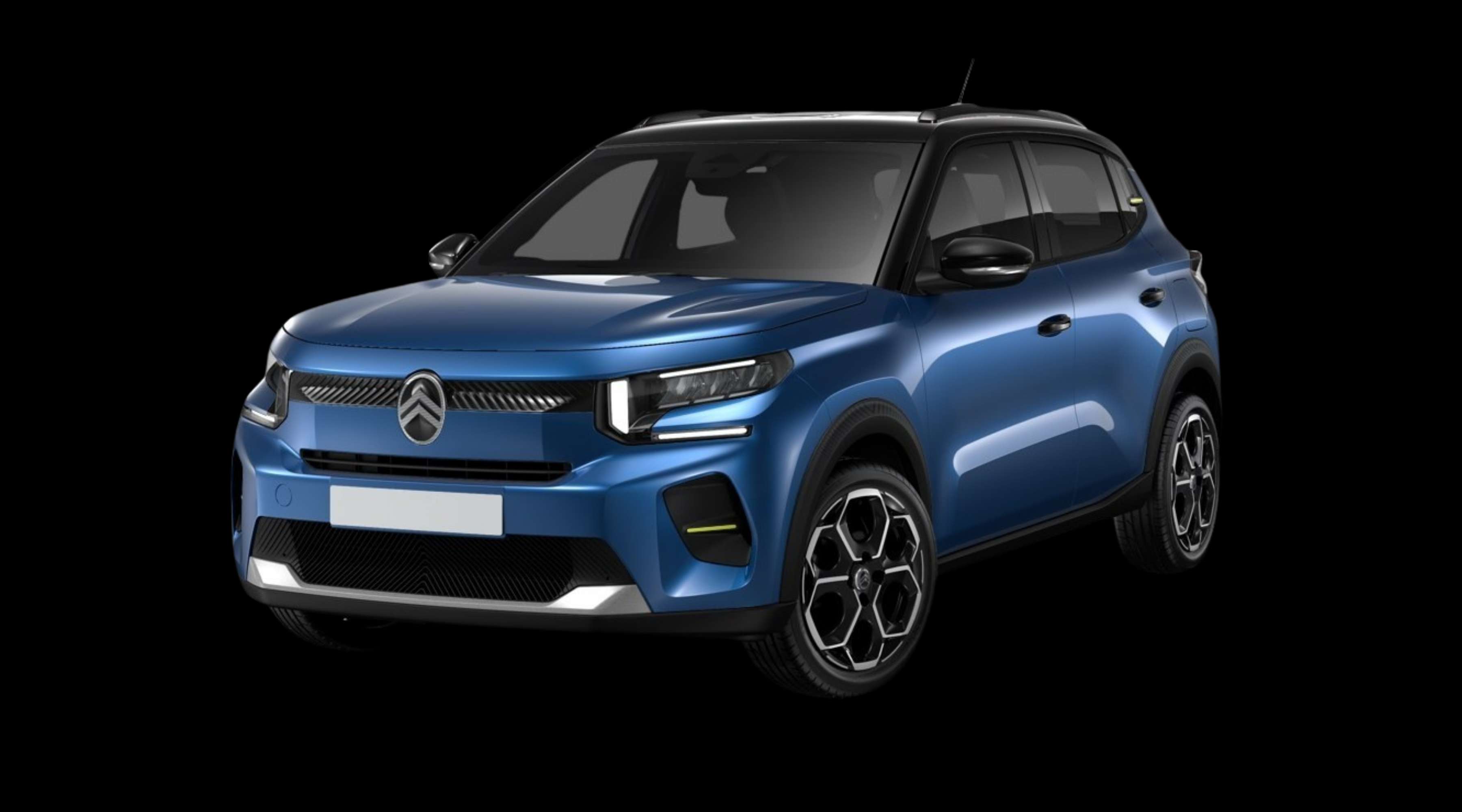 Schräge Frontansicht eines Citroën ë-C3, freigestellt