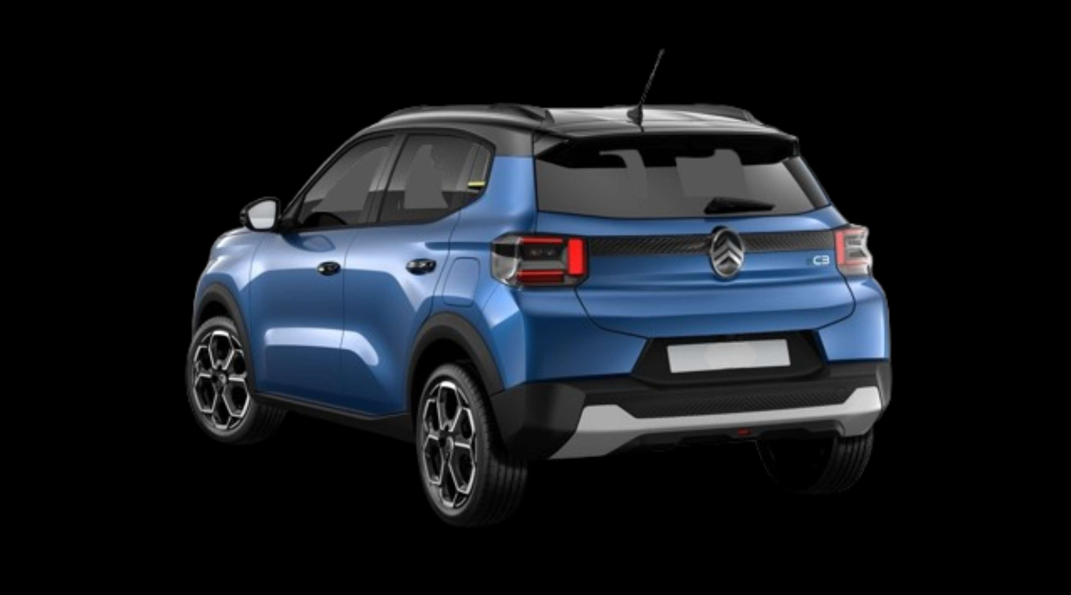 Schräge Heckansicht eines Citroën ë-C3, freigestellt