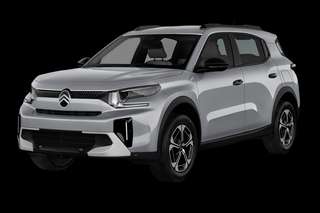 Schräge Frontansicht auf einen Citroën ë-C3 Aircross MAX, freigestellt