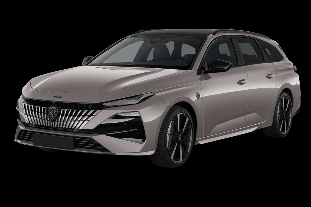 Schräge Frontansicht eines Peugeot e-308, freigestellt