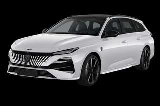 Schräge Frontansicht auf einen Peugeot e-308 Allure, freigestellt