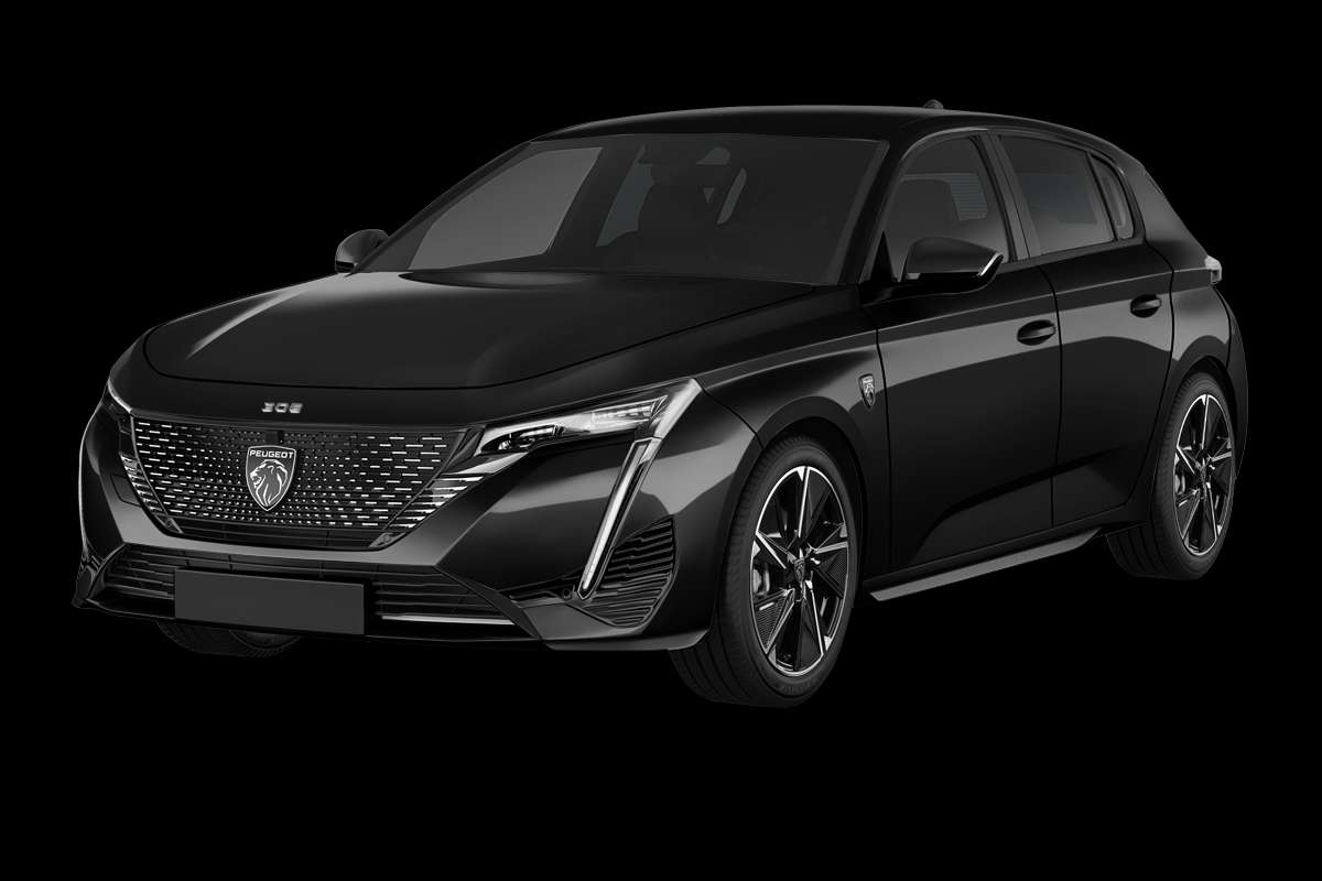 Schräge Frontansicht eines Peugeot e-308, freigestellt