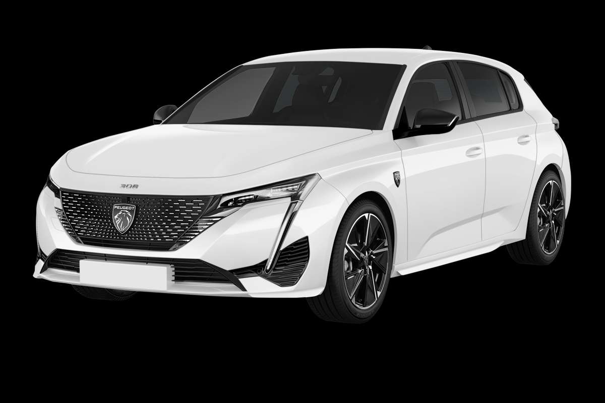 Schräge Frontansicht eines Peugeot e-308, freigestellt