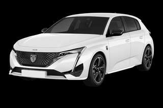 Schräge Frontansicht auf einen Peugeot e-308 GT, freigestellt